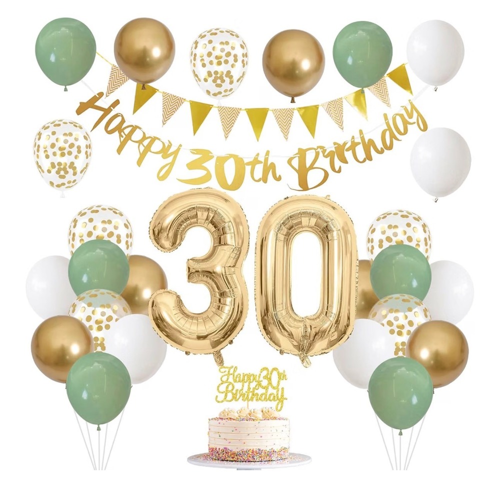 30th Birthday Decorations Set Sage Green Gold White Balloons Banner Cake Topper